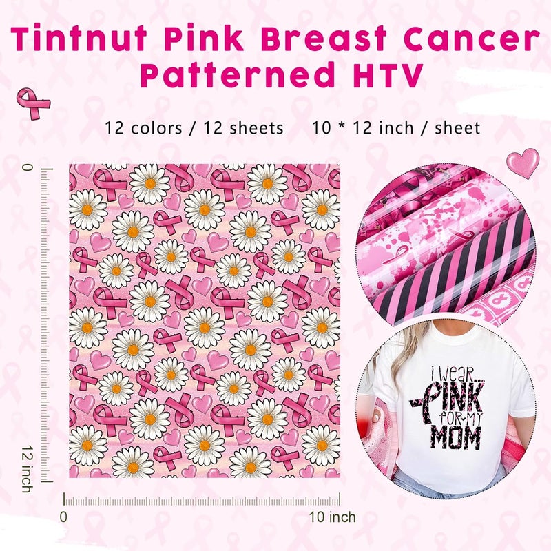 Tintnut Black Pink Heat Transfer Vinyl - 12 Sheets 12inches x10inches Breast Cancer Patterned HTV Iron on Vinyl Pink Ribbon HTV Heat Transfer Vinyl Compatible with Cricut/Silhouette Cameo - Image 2